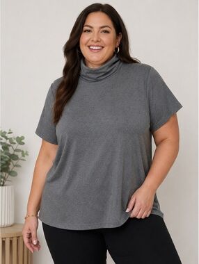 Susan Graver Style Women's 1X Gray Short Sleeve Turtleneck Top, Polyester Rayon